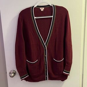 Mossimo Supply Co. burgundy cardigan sweater with white, blue, and green trim.